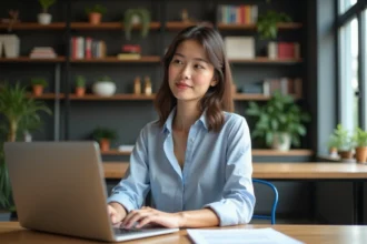 Jeune femme en bureau analysant des articles sur son ordinateur