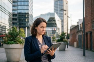 Jeune femme d'affaires à Lille avec tablette en ville