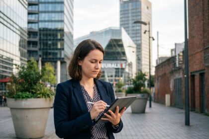 Jeune femme d'affaires à Lille avec tablette en ville