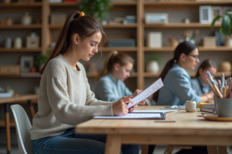 Jeune femme consulte un catalogue de cours dans un atelier moderne