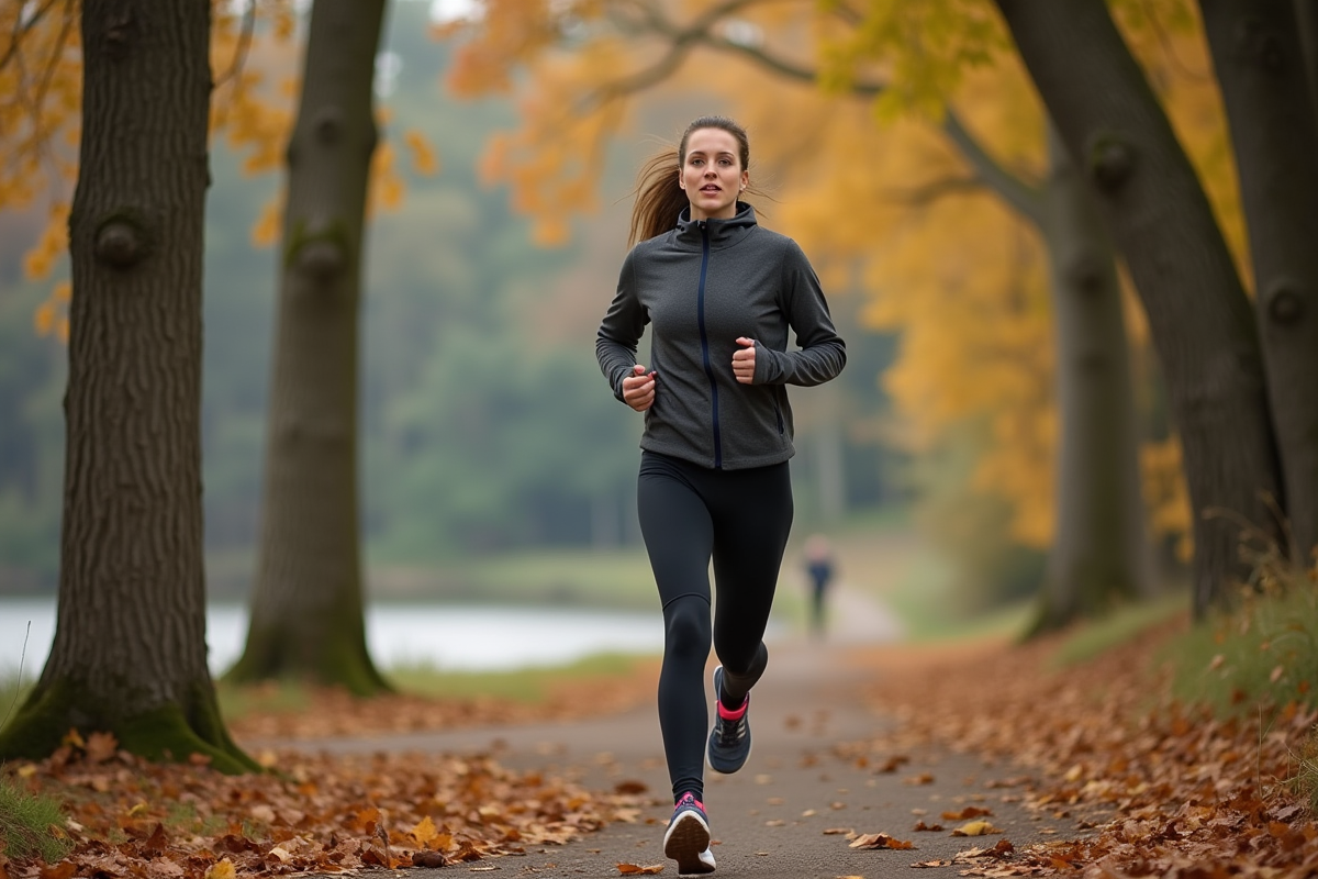 Jeune femme courant dans un parc boisé en pleine nature