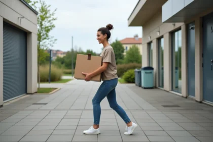 Jeune femme portant une boîte dans une cour moderne