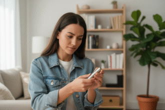 Jeune femme examinant un dispositif rechargeable à la maison