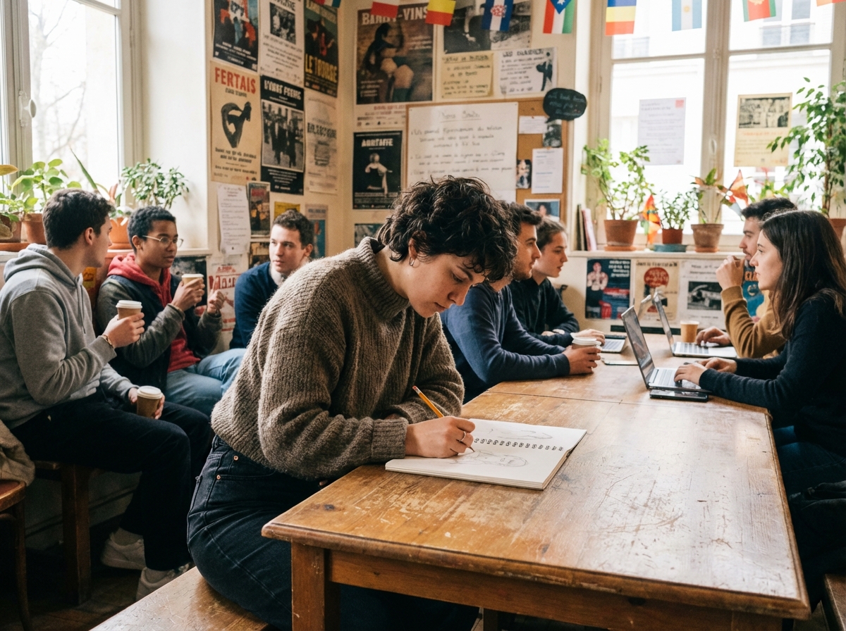 Jeune femme dessinant dans un centre culturel parisien