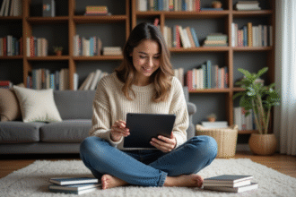 Jeune femme lisant un ebook sur une tablette dans un salon moderne