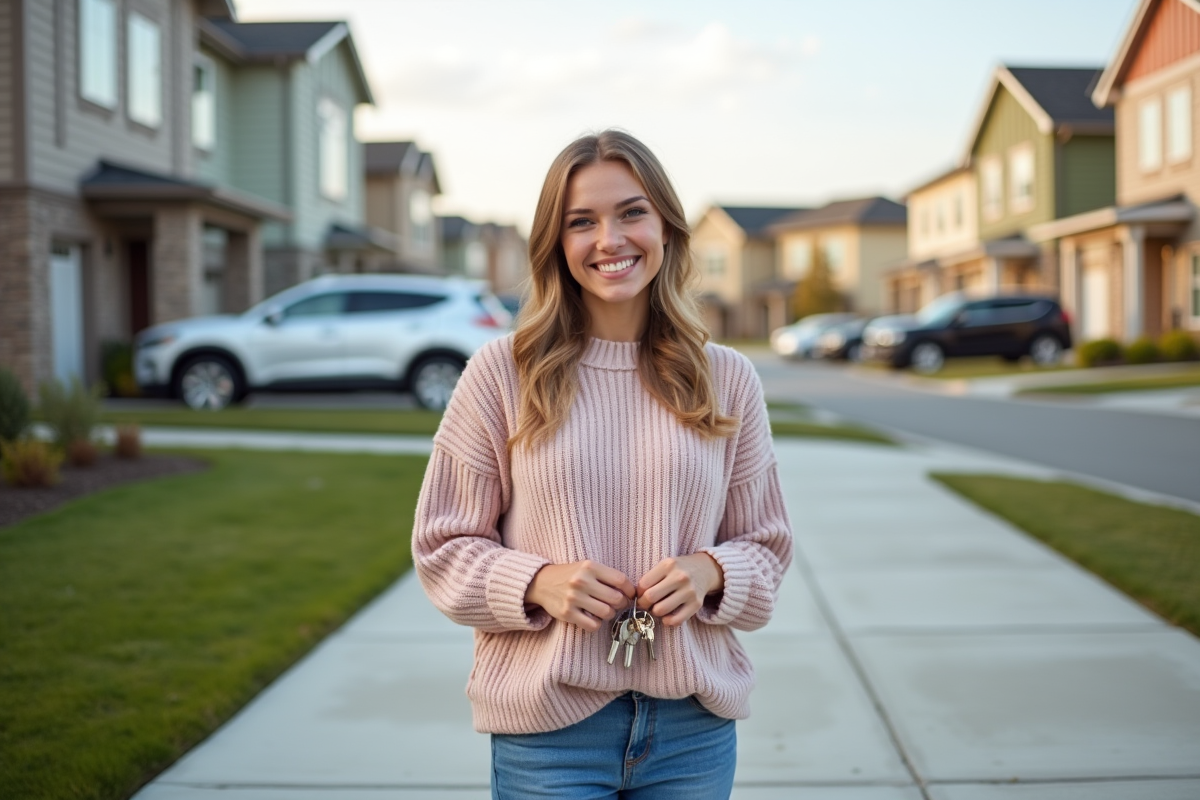Jeune femme souriante tenant des clés devant une maison neuve