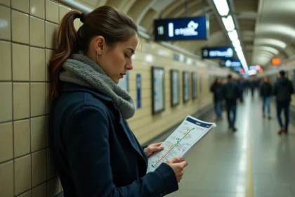Jeune femme lisant la carte du métro ligne 10 à Paris