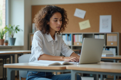 Jeune femme organisée sur un ordinateur dans une salle de classe lumineuse