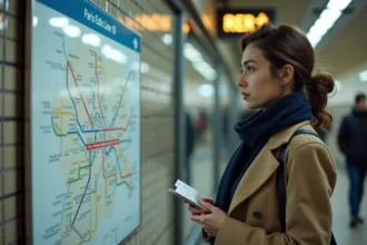 Jeune femme étudie une carte du métro parisien dans une station