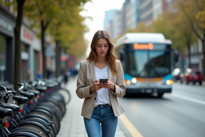 Jeune femme dans la ville regardant son smartphone