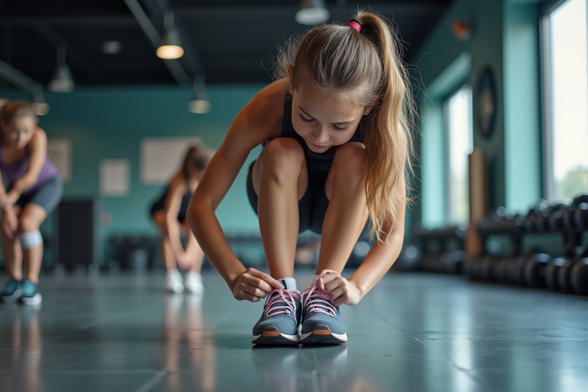 Adolescente nouant ses chaussures de sport dans une salle de gym