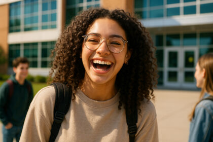 Jeune fille à la mode avec lunettes rieuses avec ses amis