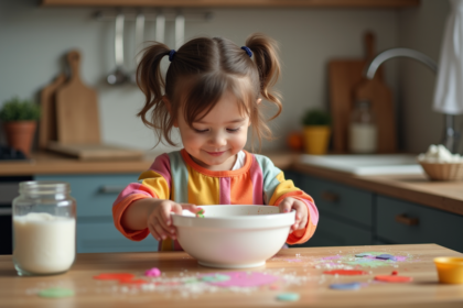 Petite fille en tablier coloré mélange peinture maison