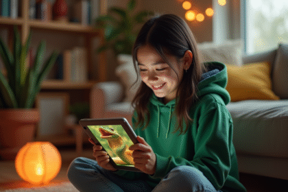 Jeune fille souriante jouant avec une tablette serpent