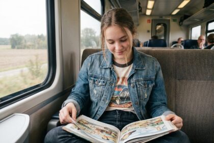 Jeune fille de 15 ans lisant un magazine dans un train