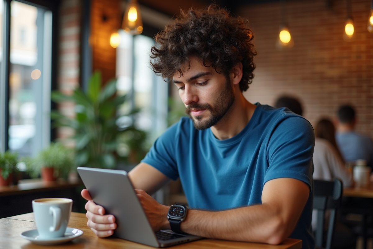 Jeune homme utilisant une tablette dans un café urbain chaleureux