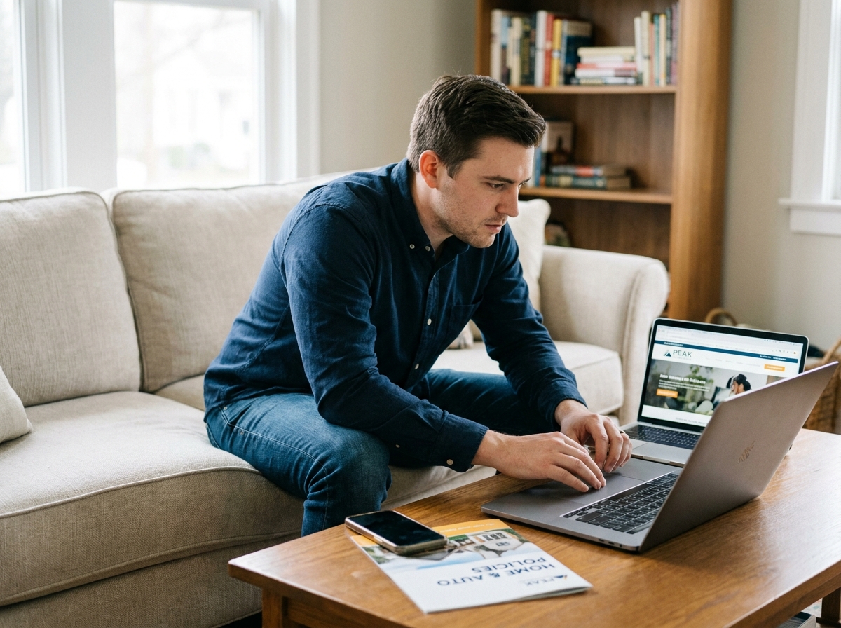 Jeune homme consultant un site d'assurance provisoire sur son ordinateur portable depuis chez lui