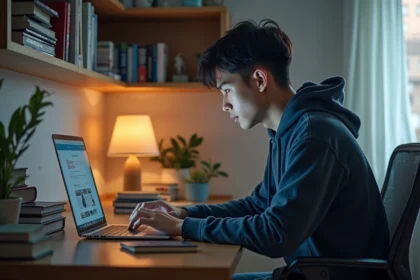 Jeune homme regardant manga sur son laptop dans sa chambre