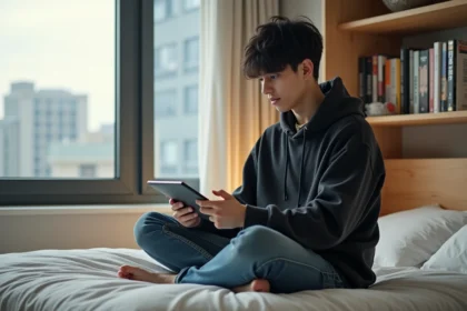 Jeune homme lisant manga sur tablette dans sa chambre