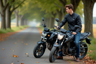 Jeune homme en veste casual sur une moto en campagne