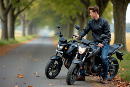 Jeune homme en veste casual sur une moto en campagne