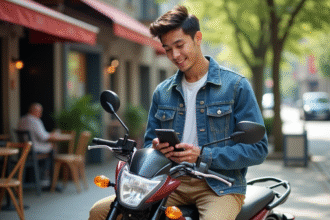 Jeune homme en denim sur Honda Dax en ville