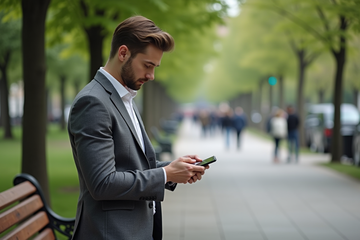 Jeune homme vérifiant ses comptes en ligne dans un parc urbain