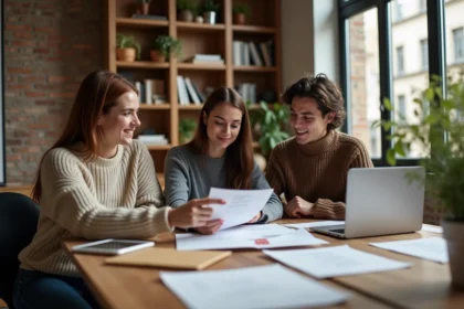 Trois jeunes adultes discutent autour de documents dans un appartement moderne