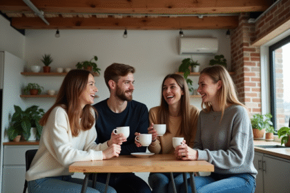 Quatre jeunes adultes partageant un café dans une colocation chaleureuse