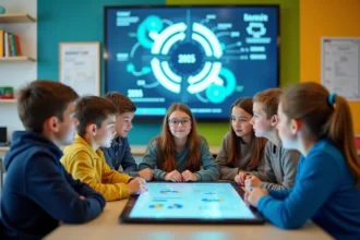 Groupe d'élèves autour d'un écran tactile en classe