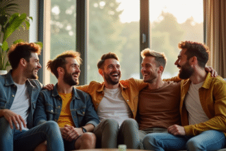 Sept jeunes hommes souriants dans un salon lumineux