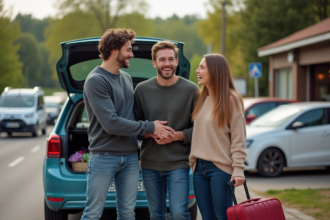 Trois jeunes adultes rient avant de partager un trajet à la aire de repos