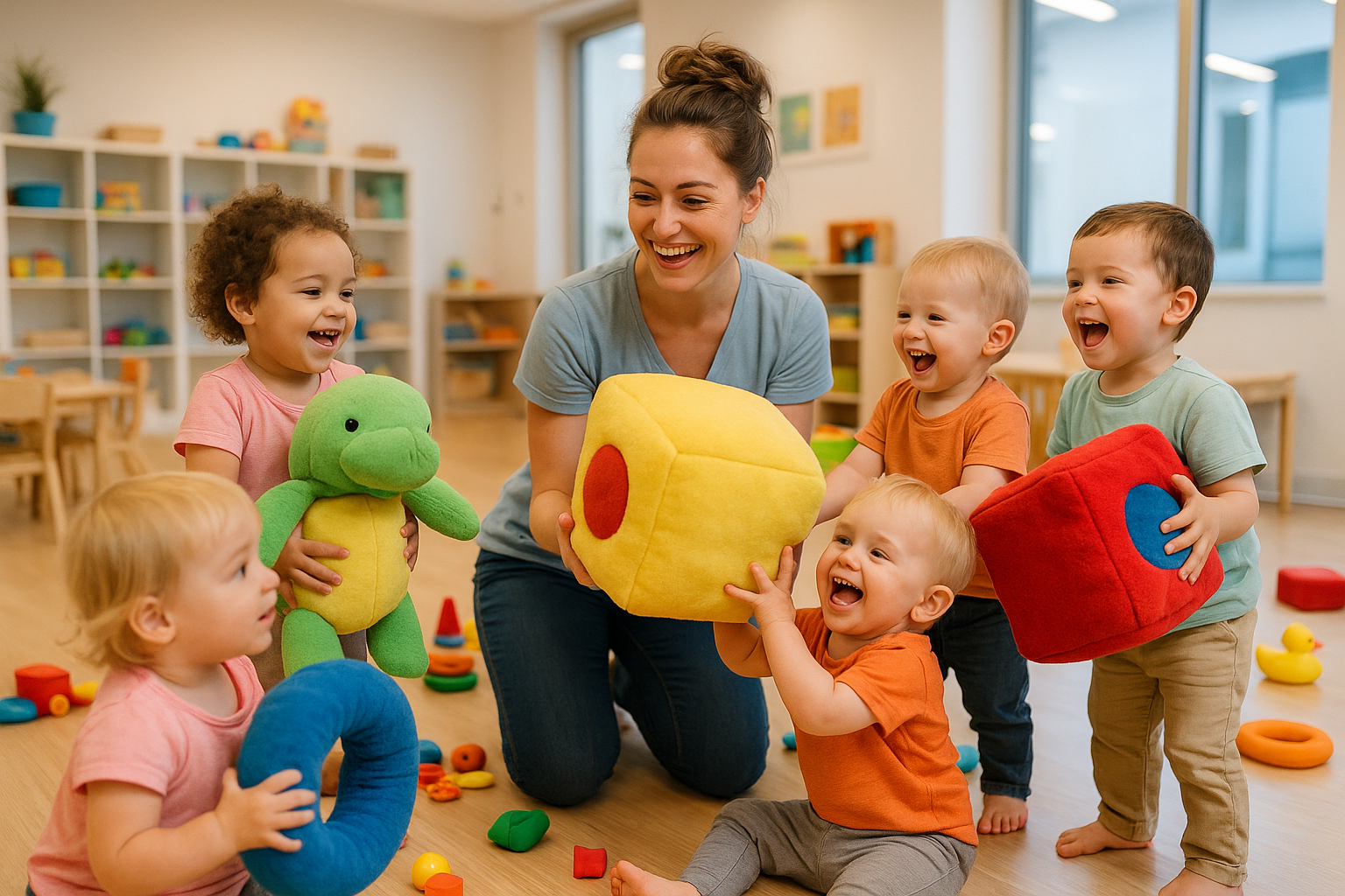 Groupe de tout-petits jouant avec des jouets en peluche dans une crèche lumineuse