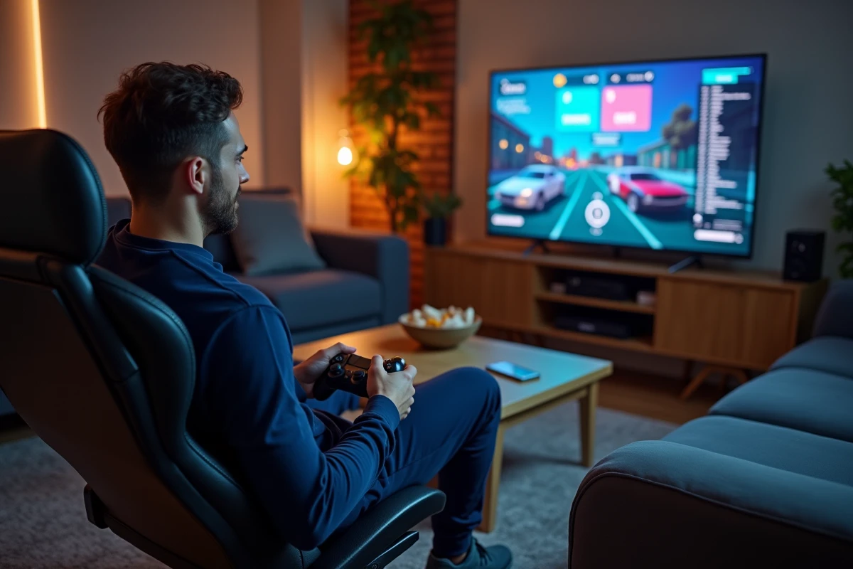Homme jouant aux Sims 4 sur TV avec menus de cheat UI ouverts affiché à l'écran depuis son salon