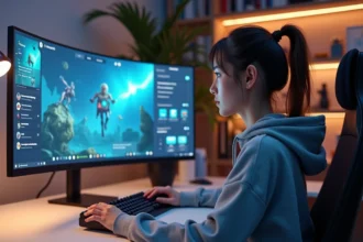 Jeune femme jouant aux Sims 4 sur un grand écran avec interface de jeu et menus de triche UI visibles