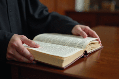 Main de juge tenant un livre de droit ouvert