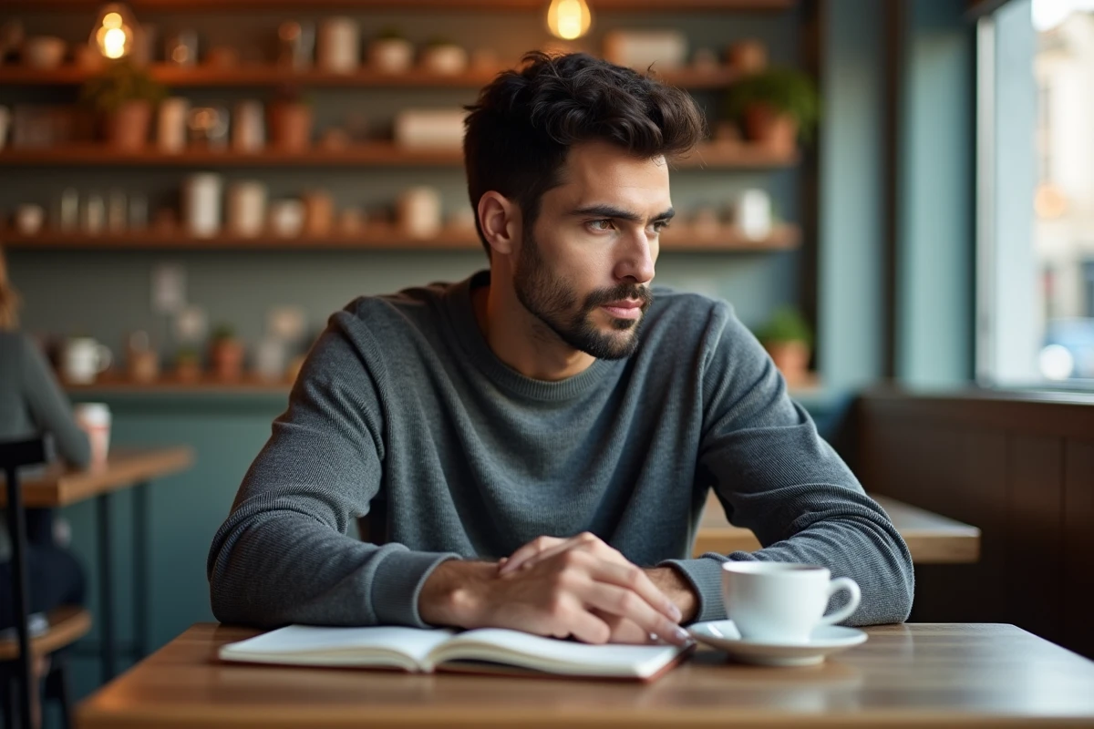 Homme pensif attablé dans un café parisien avec un carnet fermé, illustrant la discrétion sur la vie personnelle
