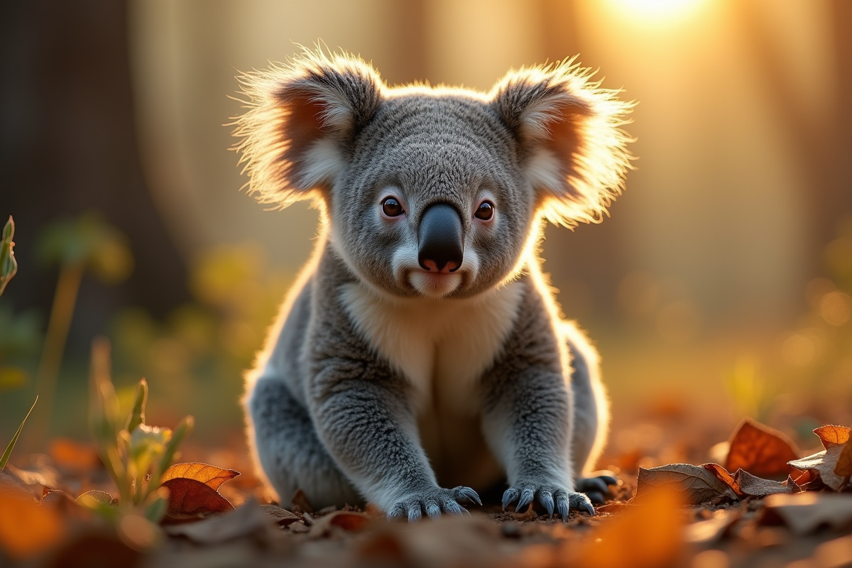 Koala assis au sol parmi les feuilles d