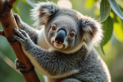 Koala accroché à une branche d'eucalyptus en plein jour