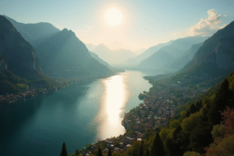 Vue aérienne du lac de Côme au lever du soleil
