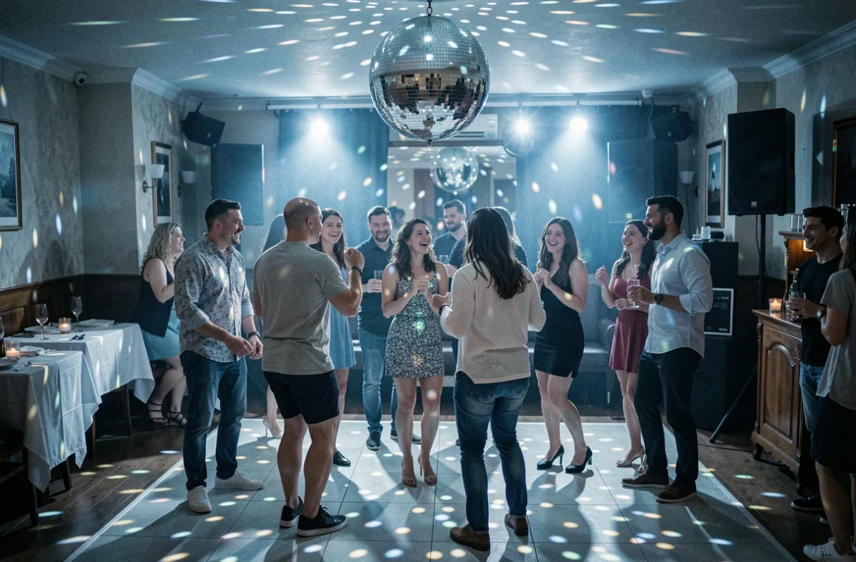 Piste de danse du Diamant Bleu à Fuans avec boule à facettes projetant des reflets argentés sur un groupe d'adultes dansant joyeusement dans une ambiance intimiste