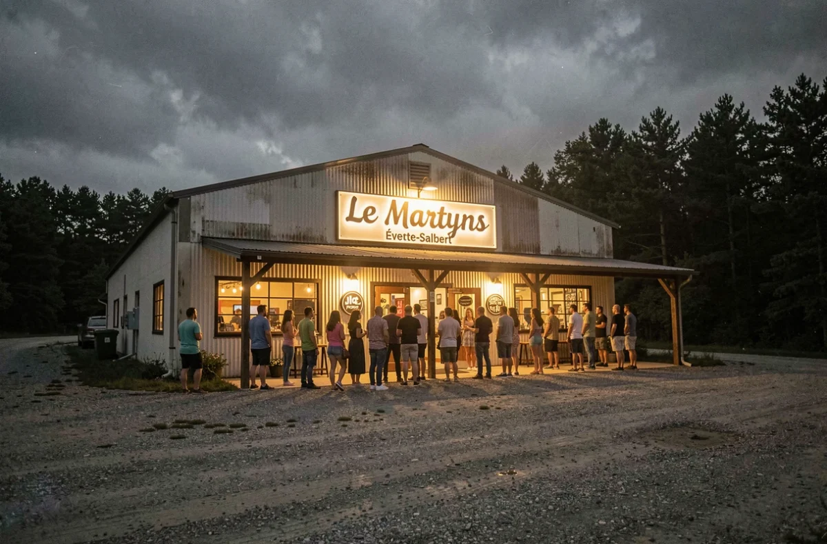 Façade du club Le Martyns à Évette-Salbert, bâtiment industriel reconverti en boîte de nuit avec file d'attente de jeunes adultes devant l'entrée illuminée