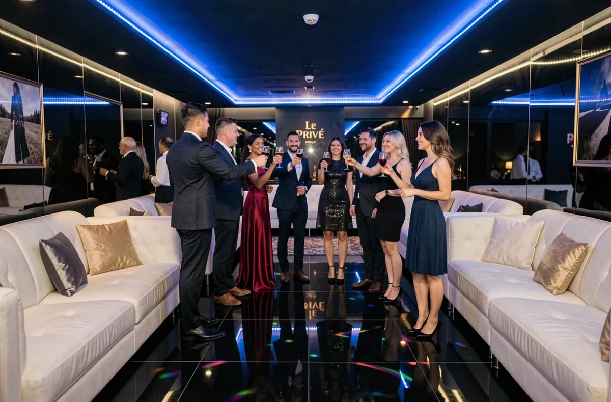 Lounge VIP du club Le Privé à Besançon avec canapés en cuir blanc, piste en résine noire réfléchissante et groupe d'amis portant un toast élégant
