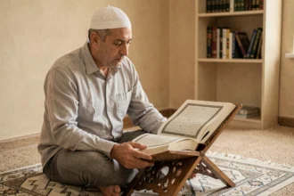 Homme musulman lisant le Coran du regard sans toucher le livre ni bouger les lèvres, assis sur un tapis de prière à la maison