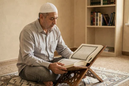 Homme musulman lisant le Coran du regard sans toucher le livre ni bouger les lèvres, assis sur un tapis de prière à la maison
