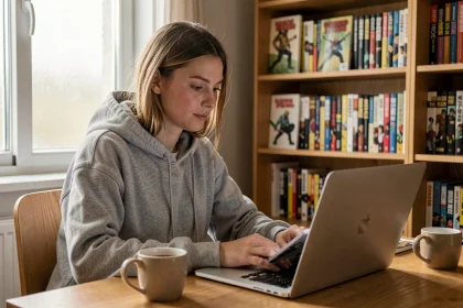 Jeune femme lisant des mangas en ligne de manière anonyme sur son ordinateur portable dans un bureau à domicile