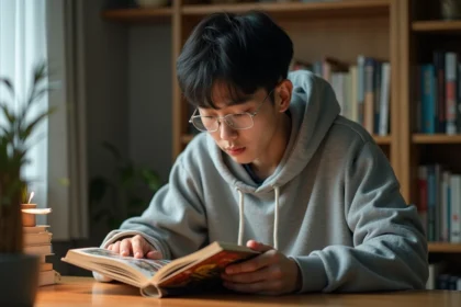 Jeune homme lisant un manhwa coréen de fantasy à son bureau, évoquant l'univers de Solo Leveling et I Reincarnated as an SSS-Ranked Goblin