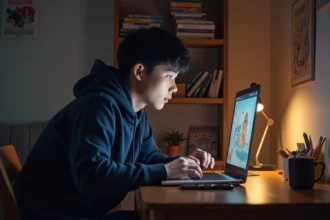 Jeune homme lisant le scan One Piece 1139 en ligne sur son ordinateur portable dans sa chambre entourée de mangas