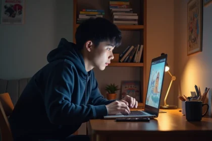Jeune homme lisant le scan One Piece 1139 en ligne sur son ordinateur portable dans sa chambre entourée de mangas