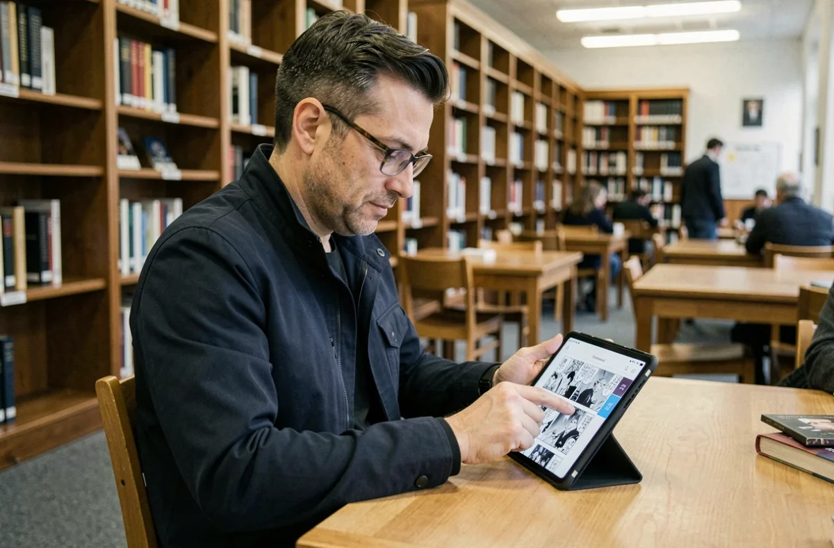 Homme consultant une plateforme de lecture de mangas de façon sécurisée sur une tablette dans une bibliothèque publique